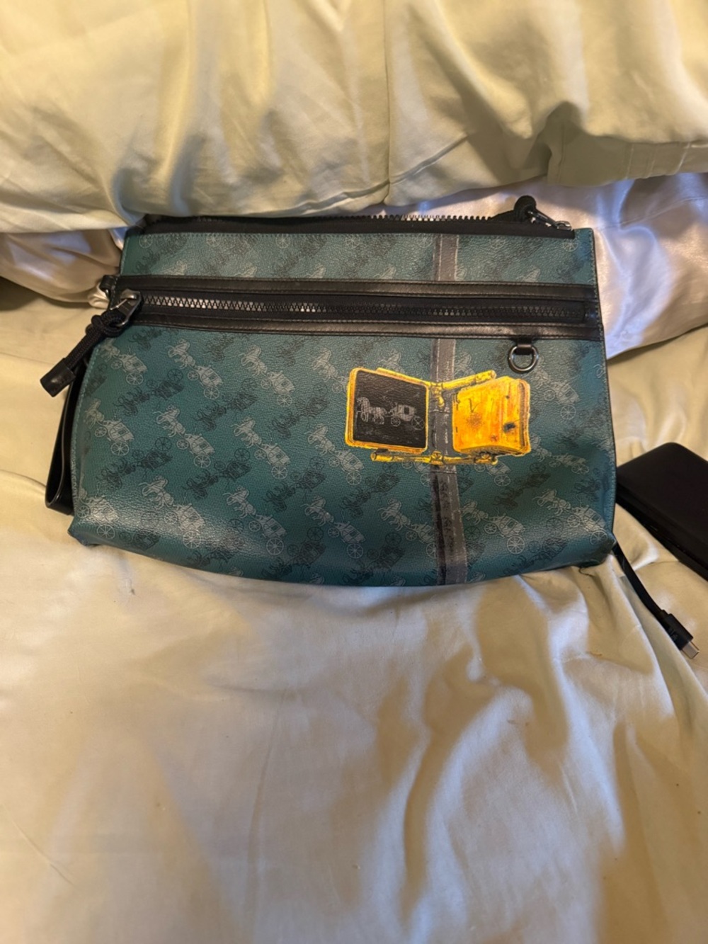 Coach Teal Signature Canvas Pouch with Yellow Traffic Sign Accent